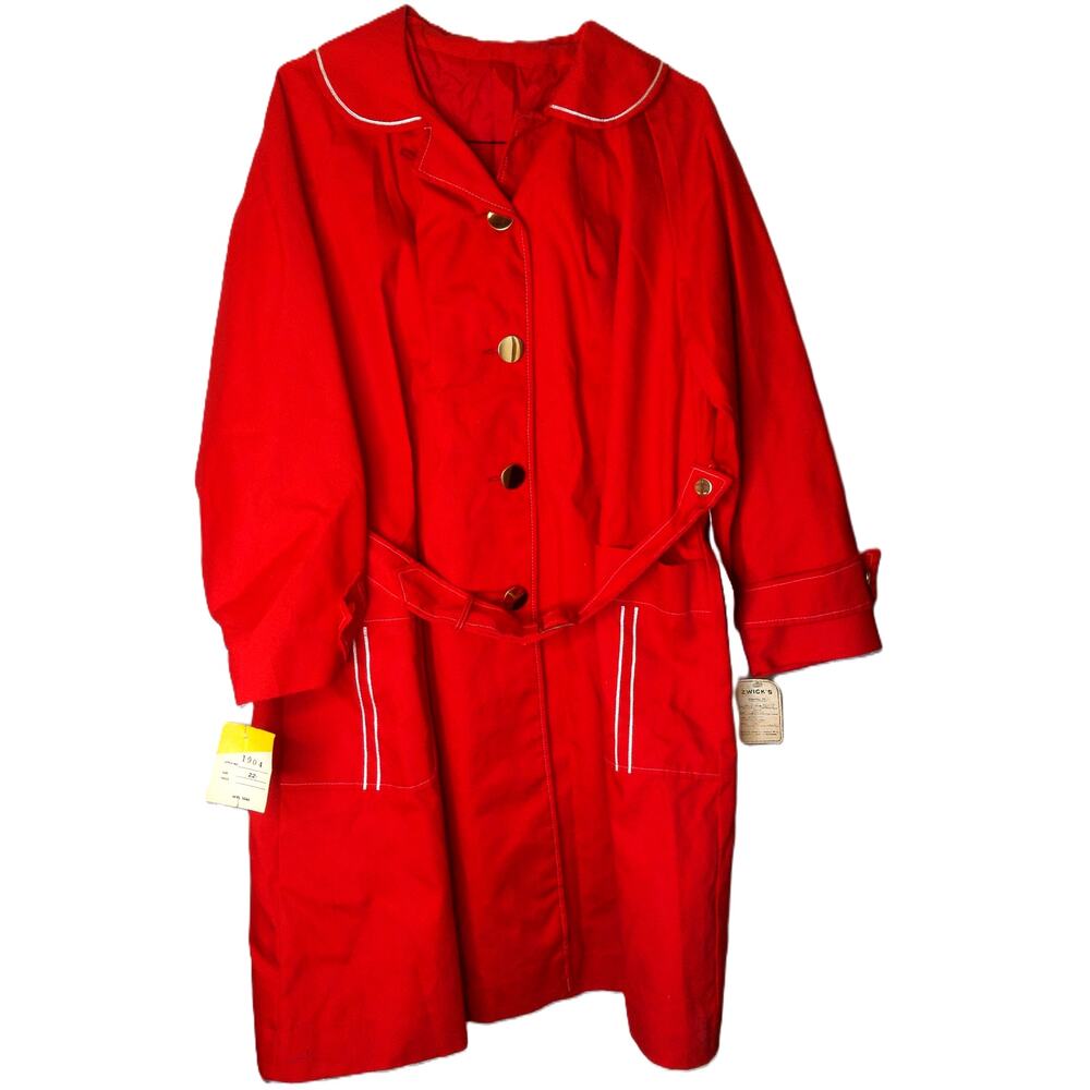 Vintage 70s Abbmoor Red Trench Coat Belted Gold Buttons Mod Raincoat XL READ